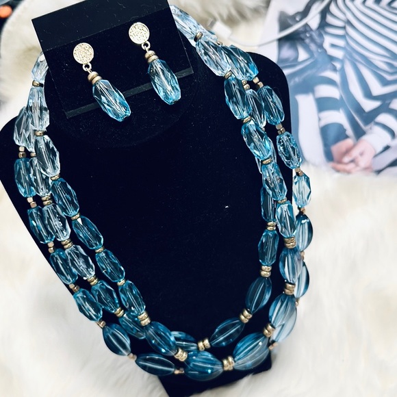 ๐3pc Jewelry Set Ladies Icy-Blue+Gold-Tone Layered Necklace+Matching Earrings - Picture 5 of 16